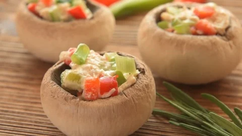 Grilled champignon with pepper and white meat Stock Footage 73073374