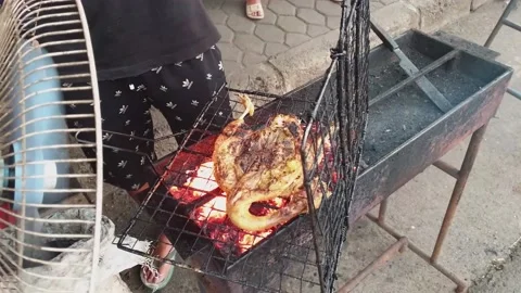 Grilled chicken barbecue over a hot charcoal fire.vendor turns over the roast Stock Footage 238917341