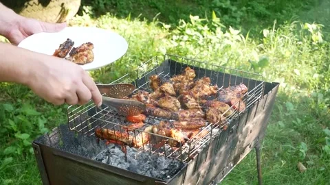 Grilled chicken being placed on a white plate Fried chicken meats on an open air Stock Footage 204994034