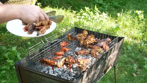Grilled chicken being placed on a white plate Fried chicken meats on an open air Stock Footage 205727555