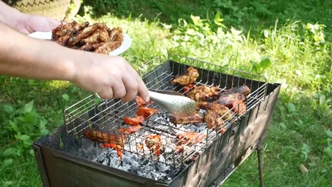 Grilled chicken being placed on a white plate Fried chicken meats on an open air Stock Footage 208909834