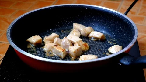 Grilled chicken breast slice on pan. cooking food in kitchen Stock Footage 85171147