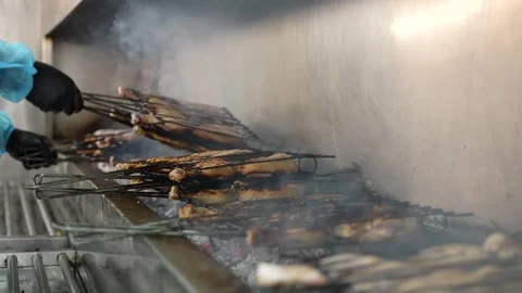 Grilled Chicken on Coal with hand of cheff HD Video stock 272449619