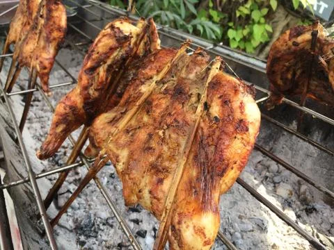 Grilled chicken cooked on bbq grid Stock Photos