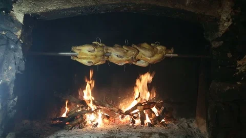 Grilled Chicken Cooked On Spit Stock-Footage 85992700