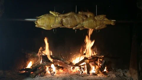 Grilled Chicken Cooked On Spit Stock Footage 85995518