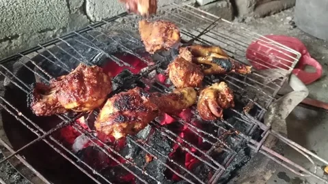 Grilled Chicken Food Processing On A Simple Fireplace Stock Footage 241289642