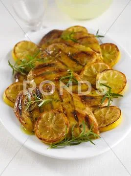 Grilled Chicken in a Lemon Pepper Sauce Garnished with Lemon and Rosemary on a Stock Photos