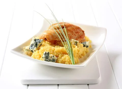 Grilled chicken with mashed potatoes and green onions Stock Photos