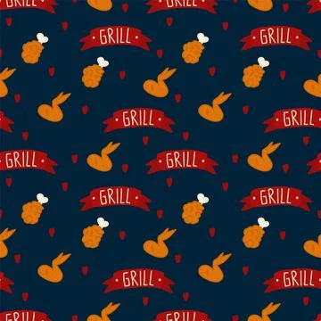 Grilled chicken meat pattern. Background with fried legs and doodle wings Stock Illustration