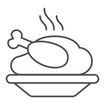 Grilled chicken in plate thin line icon, Christmas concept, Chicken grill sign Stock Illustration