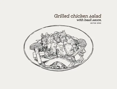 Grilled chicken salad with pesto sauce. Hand draw sketch food vector. Stock Illustration