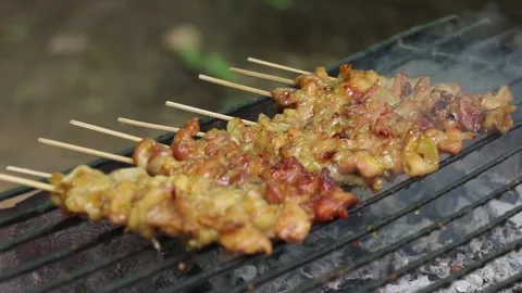 Grilled Chicken Satay on BBQ. Stock Footage 305808178