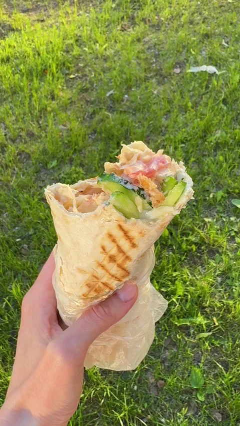 Grilled chicken shawarma in pita bread with cucumber and cream sauce Stock Footage 337063811