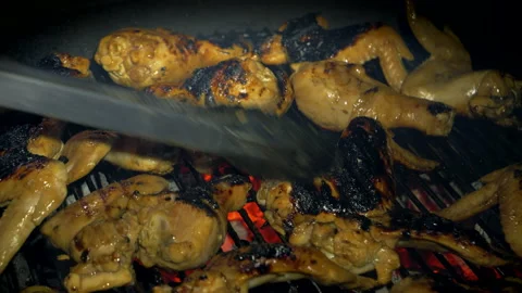 Grilled chicken wings on the grill. Preparing chicken wings on the grill. Stock Footage 159288364