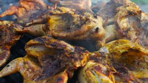 Grilled chiket Tabaka on the fire Video stock 74675752