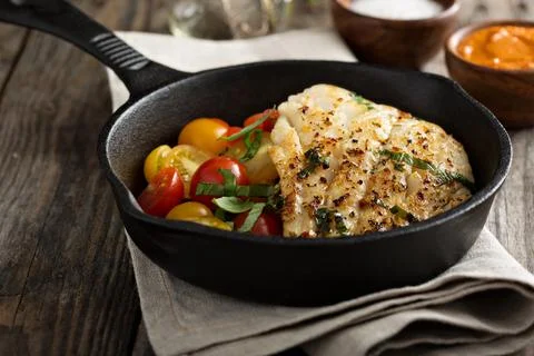 Grilled cod with tomato salad Stock Photos