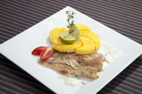 Grilled codfish with baked corn polenta Stock Photos