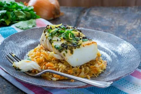 Grilled coriander and lemon cod Foto stock