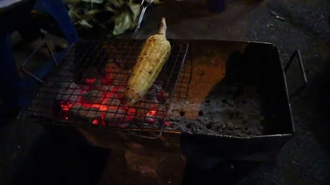 Grilled corn on the charcoal stove Stock Footage 78171088