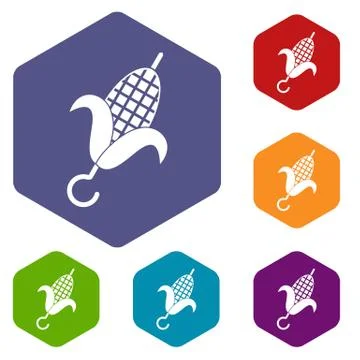 Grilled corn cob icons set hexagon Stock Illustration