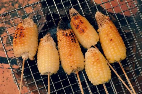 Grilled corn, hot corncob Stock Photos