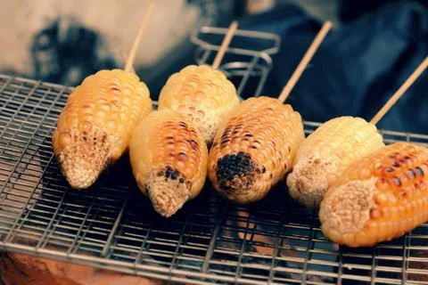Grilled corn, hot corncob Stock Photos