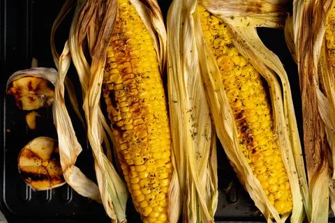 Grilled corn process, roasted young corn close-up, top view Stock Photos