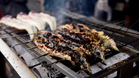 Grilled eel cooking in very famous restaurant, Osaka, Japan Stock Footage 77780695