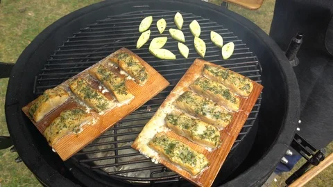 Grilled fish and courgette vegetable on grill closeup Stock Footage 109498510