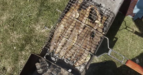 Grilled fish. Barbecue. Brazier, roaster, embers. Food. View from above. Close Stock Footage 146431105