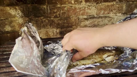 Grilled Fish in Foil on Open Fire, Outdoor Cooking Process 스톡 동영상 334134203
