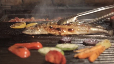 Grilled fish on the grill closeup Stock Footage 90084655