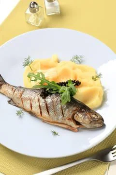 Grilled fish with mashed potatoes and carrots Stock Photos