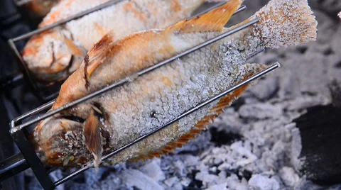 Grilled Fish Rotating ,Chiang Mai Thailand Stock Footage 57236621