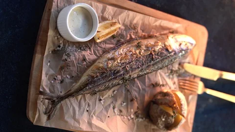 Grilled fish salmon Stock Footage 128128352