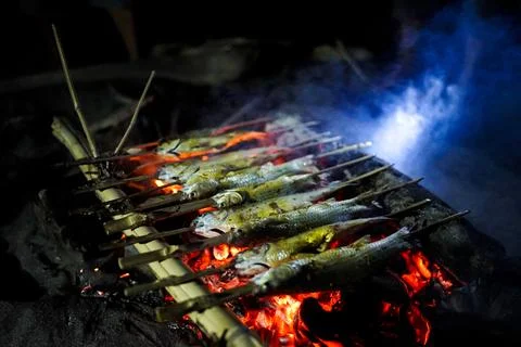 Grilled fish stabbed using bamboo Stock Photos
