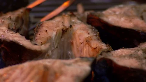 Grilled Fish Steak On The Grill Pan Video stock 78493336