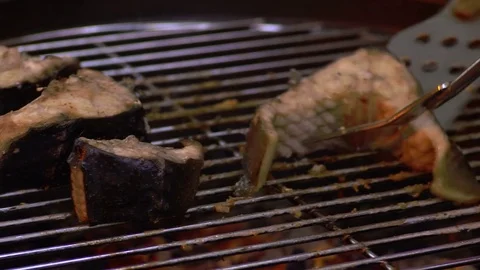 Grilled Fish Steak On The Grill Pan Stock Footage 78497674