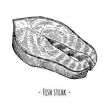 Grilled fish steak. Vector illustration. Isolated on white. Hand-drawn. Stock Illustration