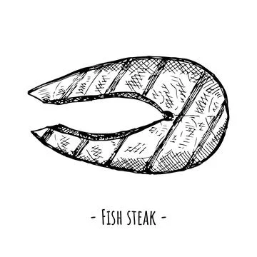 Grilled fish steak. Vector illustration. Isolated on white. Hand-drawn. Stock Illustration