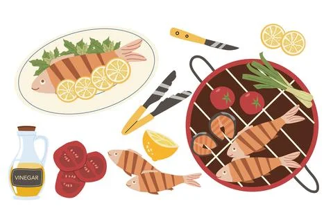 Grilled fish vector set. Cartoon flat illustration isolated on white Stock Illustration