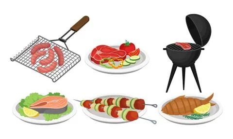 Grilled Food Vector Set. Barbeque Meat and Fish Collection Ilustración de archivo