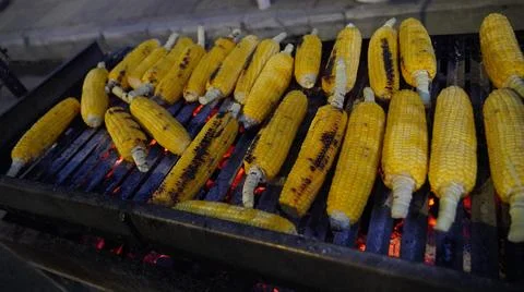 Grilled fried corn. The process of cooking roasted corn over hot coals. 스톡 사진