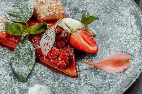 Grilled fruit pizza with fresh strawberries. best summer dessert Stock Photos