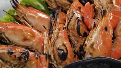 Grilled Giant River Prawns Platter with Charred Shells close up 스톡 동영상 344228615