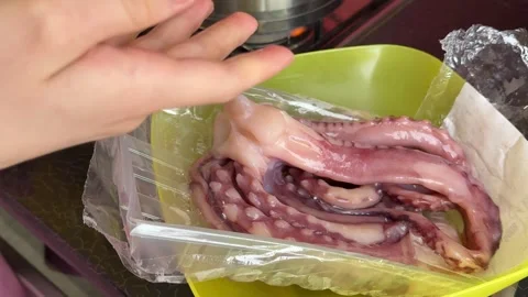 Grilled giant squid tentacles served with lemon and herbs as a gourmet seafood Stock Footage 345170679
