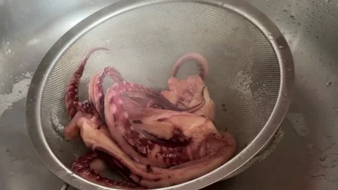 Grilled giant squid tentacles served with lemon and herbs as a gourmet seafood Stock Footage 345171119