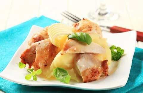 Grilled ham steak with mashed potatoes and sauce Stock Photos