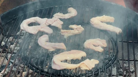 Grilled intestines to crispy texture. Chinchulin is the small intestine of an Stock Footage 317551348